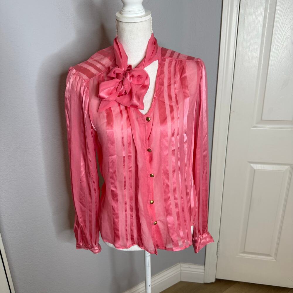 Milly Hot Pink Button-Down Silk Tie-Neck Blouse